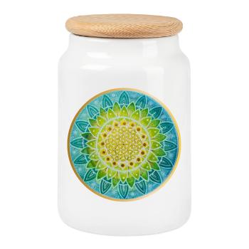 Mandala de fleur géométrique en bleu et vert - Boîte à biscuits avec couvercle en bois - blanc - Devant