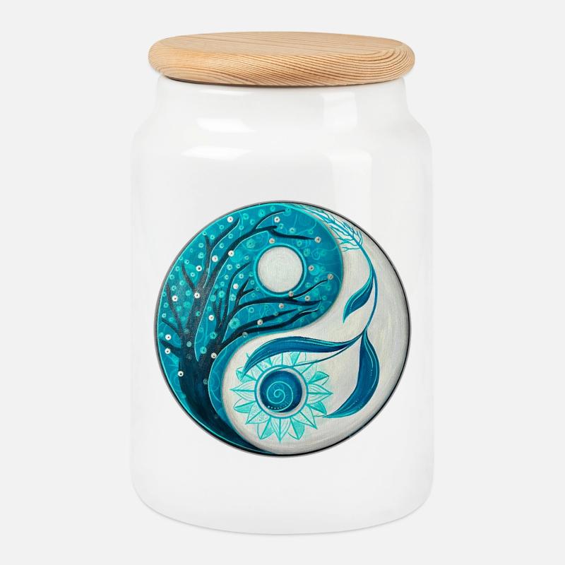 Yin Yang mit Baum und Spirale - Keksdose mit Holzdeckel - Weiß