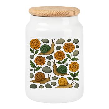 Whimsical Snails and Marigolds Pattern - Cookie Jar with Wooden Lid - white - Front