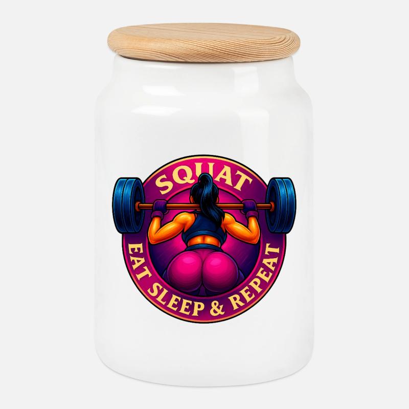 Squat, Eat, Sleep & Repeat! - Cookie Jar with Wooden Lid - white