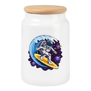 Astronaute de l’espace sur des planches de surf - Boîte à biscuits avec couvercle en bois - blanc - Devant