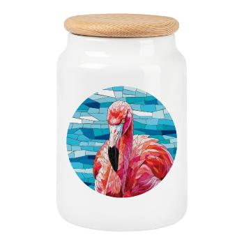 Mosaic Flamingo Portrait - Cookie Jar with Wooden Lid - white - Front
