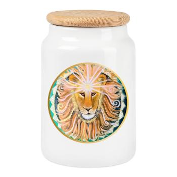 Lion Head with Sun Mandala and Third Eye - Cookie Jar with Wooden Lid - white - Front