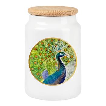 Magnificent peacock with crown - Cookie Jar with Wooden Lid - white - Front