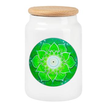 Bright green mandala with green leaves - Cookie Jar with Wooden Lid - white - Front