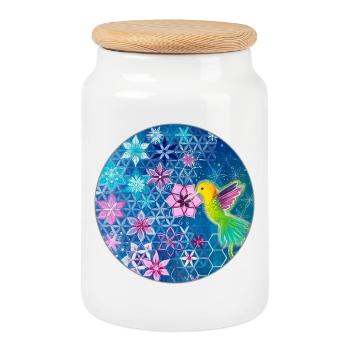 Hummingbird and flowers with sacred geometry - Cookie Jar with Wooden Lid - white - Front