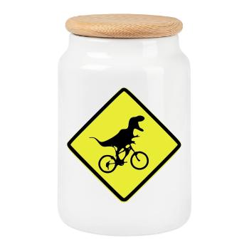 Signal de vélo T-Rex illustré - Boîte à biscuits avec couvercle en bois - blanc - Devant