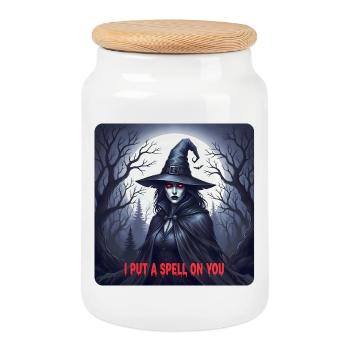 T-shirt halloween sort et pleine lune - Boîte à biscuits avec couvercle en bois - blanc - Devant
