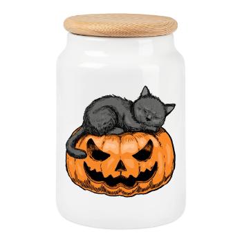 Sleepy Cat Halloween Design - Cookie Jar with Wooden Lid - white - Front