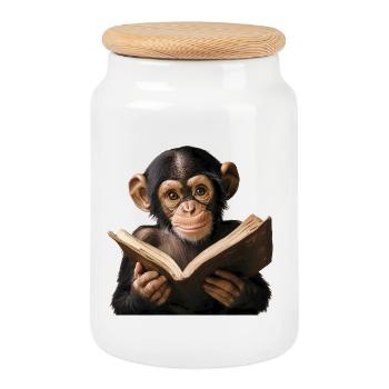 Wissbegieriger Affe mit Buch - Keksdose mit Holzdeckel - Weiß - Vorne