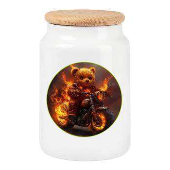 Fiery Bear Motorcycle Adventure - Cookie Jar with Wooden Lid - white - Front
