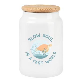 Slow Soul in a Fast World - Cookie Jar with Wooden Lid - white - Front