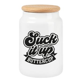 Humorous Text Design with Buttercup - Cookie Jar with Wooden Lid - white - Front