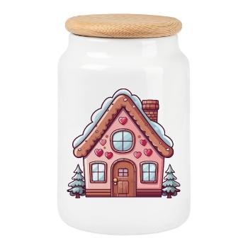 Charmante maison enneigée en pain d’épices - Boîte à biscuits avec couvercle en bois - blanc - Devant