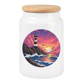 Bande dessinée phare mer surf coucher de soleil - Boîte à biscuits avec couvercle en bois - blanc - Devant