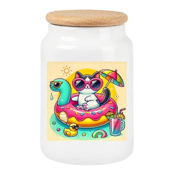 Chat Mignon sur Bouée Piscine Colorée - Boîte à biscuits avec couvercle en bois - blanc - Devant