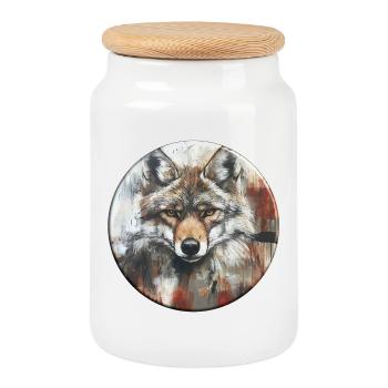 Wildes Wolfporträt in Aquarelloptik - Keksdose mit Holzdeckel - Weiß - Vorne
