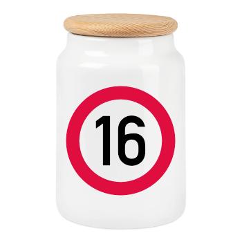 16. Geburtstag Achtung! Verkehrsschild 16 Km/h - Keksdose mit Holzdeckel - Weiß - Vorne