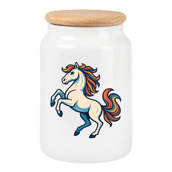 White horse with colorful mane – imaginative - Cookie Jar with Wooden Lid - white - Front