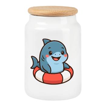 Cute shark in a swimming ring – childlike motif - Cookie Jar with Wooden Lid - white - Front