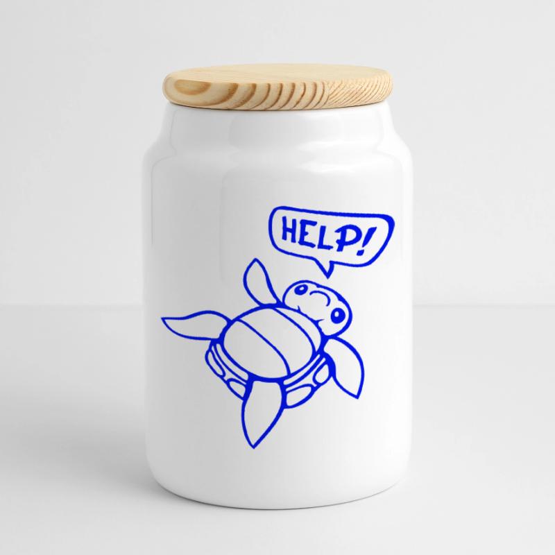 Turtle Back Tilted Over Helpless Side Help Cookie Jar with Wooden Lid