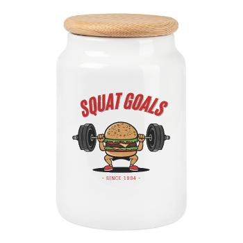 Burger Squat – Squat Goals Since 1994 - Cookie Jar with Wooden Lid - white - Front