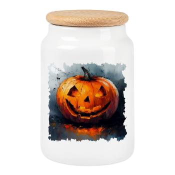 Leuchtender Kürbis Halloween - Keksdose mit Holzdeckel - Weiß - Vorne