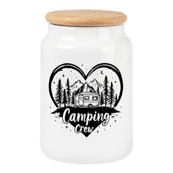 Love Camping Crew / Heart Caravan Mountains Design - Cookie Jar with Wooden Lid - white - Front