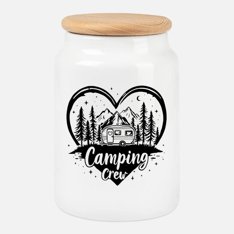 Love Camping Crew / Herz Wohnwagen Berge Design - Keksdose mit Holzdeckel - Weiß