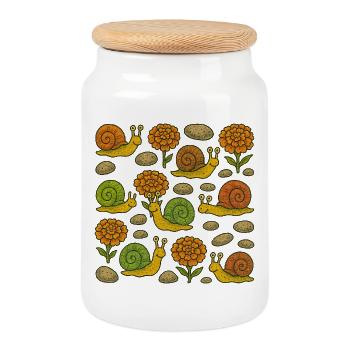Sunny Snails Garden Pattern - Cookie Jar with Wooden Lid - white - Front