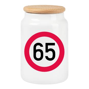 65. Geburtstag Achtung! Verkehrsschild 65 Km/h - Keksdose mit Holzdeckel - Weiß - Vorne