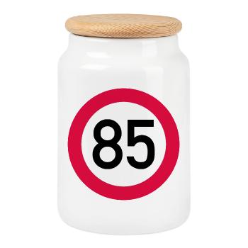 85. Geburtstag Achtung! Verkehrsschild 85 Km/h - Keksdose mit Holzdeckel - Weiß - Vorne
