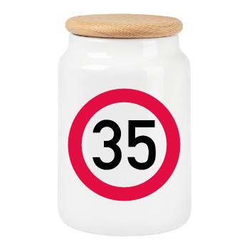 35. Geburtstag Achtung! Verkehrsschild 35 Km/h - Keksdose mit Holzdeckel - Weiß - Vorne