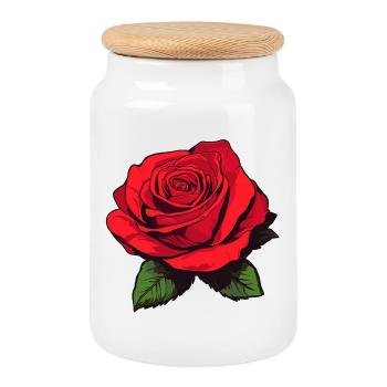 Rose rouge avec des feuilles - Boîte à biscuits avec couvercle en bois - blanc - Devant