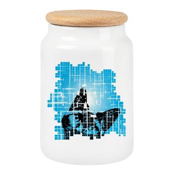 Chat en Pixel Grid Bleu - Boîte à biscuits avec couvercle en bois - blanc - Devant