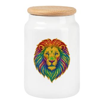 Motif scintillant du lion arc-en-ciel - Boîte à biscuits avec couvercle en bois - blanc - Devant