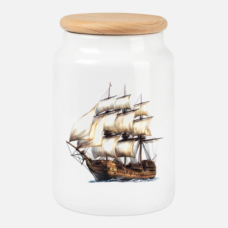 Historisches Segelschiff Segelkunst - Keksdose mit Holzdeckel - Weiß