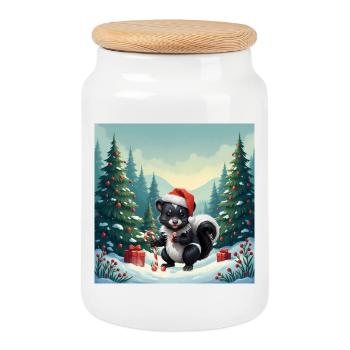 Christmas skunk in snowy forest - Cookie Jar with Wooden Lid - white - Front