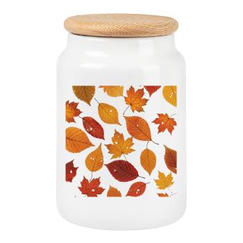 Autumn Leaf Pattern - Cookie Jar with Wooden Lid - white - Front