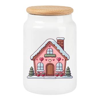 Gemütliches Herzhaus im Winter - Keksdose mit Holzdeckel - Weiß - Vorne
