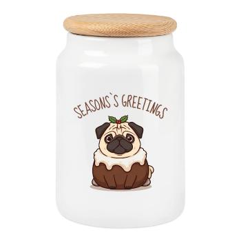 Cartoon Pug as Spice Cake – Season's Greetings - Cookie Jar with Wooden Lid - white - Front