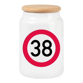 38. Geburtstag Achtung! Verkehrsschild 38 Km/h - Keksdose mit Holzdeckel - Weiß - Vorne