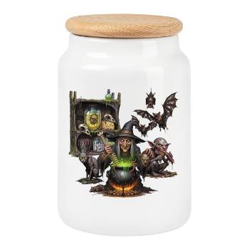 Dark Gothic Witch and Beasts, Fantasy Art - Cookie Jar with Wooden Lid - white - Front