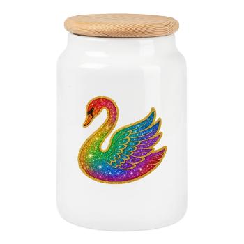 Rainbow Glitter Swan - Cookie Jar with Wooden Lid - white - Front