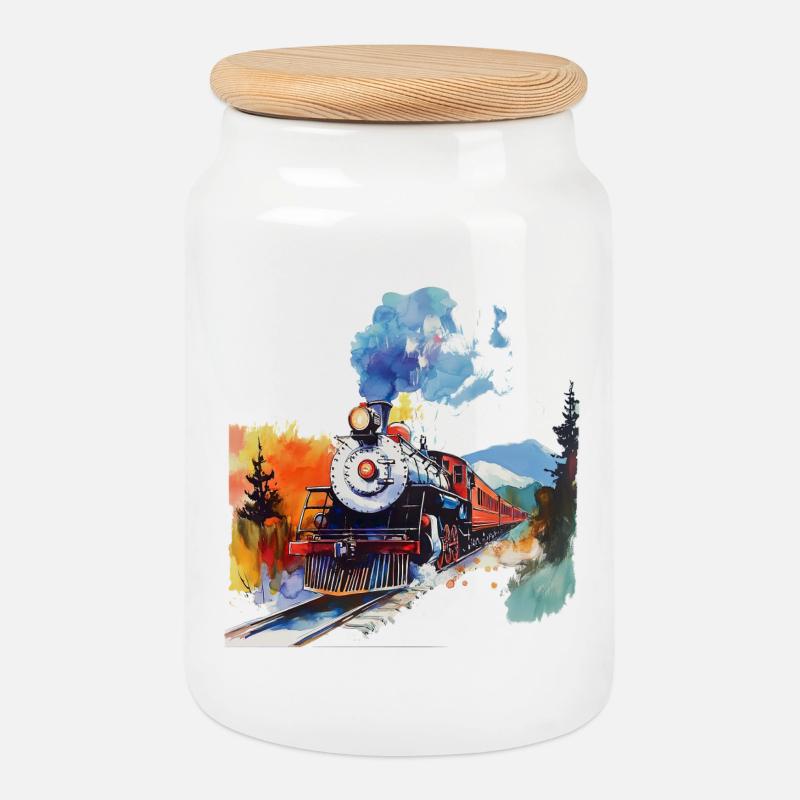 Aquarell Dampflok in den Bergen - Keksdose mit Holzdeckel - Weiß