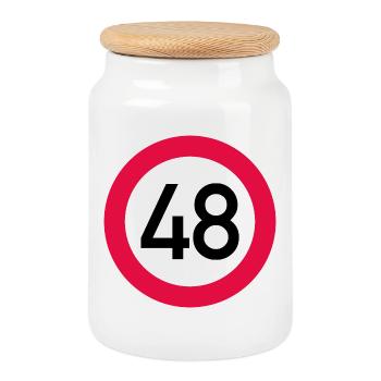 48. Geburtstag Achtung! Verkehrsschild 48 Km/h - Keksdose mit Holzdeckel - Weiß - Vorne