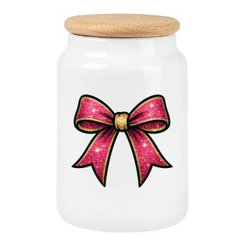 Pink glitter bow gold rim - Cookie Jar with Wooden Lid - white - Front
