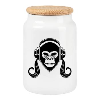Monochrome Monkey Head Contour Art Edition Shirt - Cookie Jar with Wooden Lid - white - Front