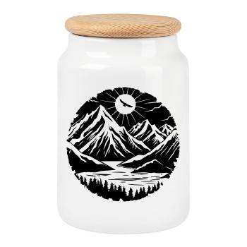 Mountain Landscape Silhouette - Cookie Jar with Wooden Lid - white - Front