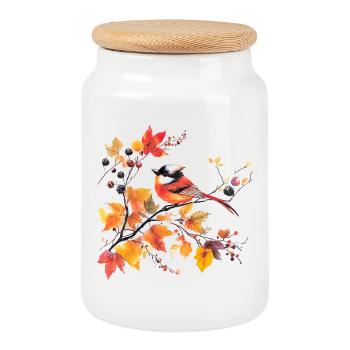 Bird in autumn on leaf branch - Cookie Jar with Wooden Lid - white - Front